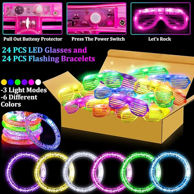 TURNMEON 148 PCS Glow in the Dark Party Supplies Light Up Toys with 24 Led Glasses, 24 Flashing Bracelets and 100 Glow Sticks Bulk Party Birthday Wedding Carnivals Concert Halloween