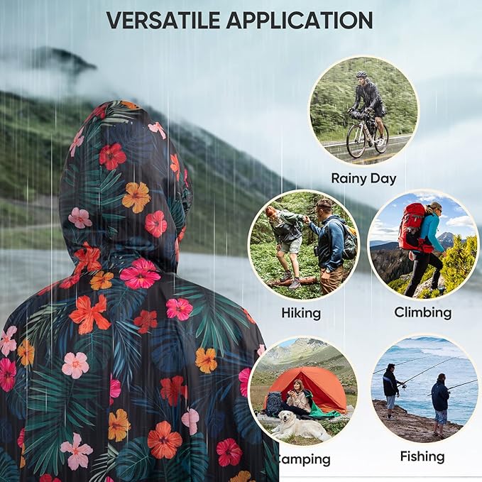 PTEROMY Hooded Rain Poncho for Adult with Pocket, Waterproof Lightweight Unisex Raincoat for Hiking Camping Emergency