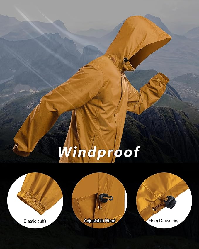 Outdoor Ventures Men's Rain Jacket Waterproof Lightweight Packable Rain Shell Raincoat with Hood for Golf Hiking Travel