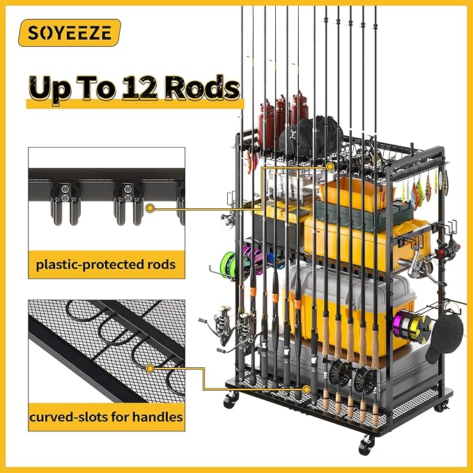 SOYEEZE Large Size Fishing Rod Holders for Garage, Heavy Duty 3-Tier Fishing Pole Rack Holds Up to 12 Rods, Fishing Gear Organizer with 2 Metal Baskets, Fishing Storage Cart with Lockable Wheels