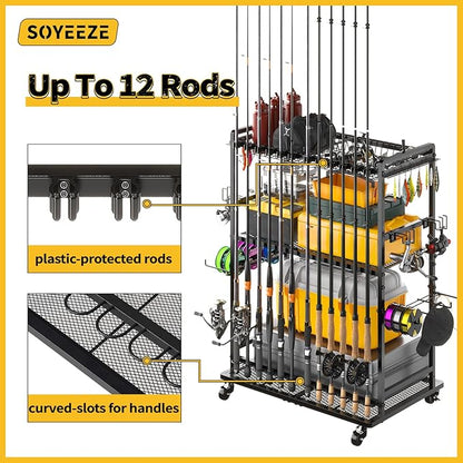 SOYEEZE Large Size Fishing Rod Holders for Garage, Heavy Duty 3-Tier Fishing Pole Rack Holds Up to 12 Rods, Fishing Gear Organizer with 2 Metal Baskets, Fishing Storage Cart with Lockable Wheels