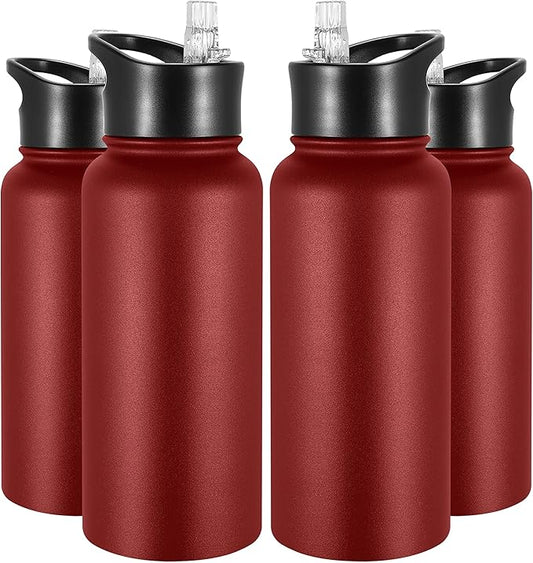 VEGOND 32 oz Insulated Water Bottle Bulk Stainless Steel Metal Water Bottles with Leak Proof Straw Lid & Spout Lid, Wide Mouth Double Walled Vacuum Travel Sports Bottle, Red 4 Pack