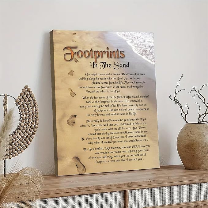 Footprints in the Sand Religious Canvas Wall Art Posters, Inspirational Beach Sunset Poem Print Poster (Framed 20x30inch, Footprints(3))