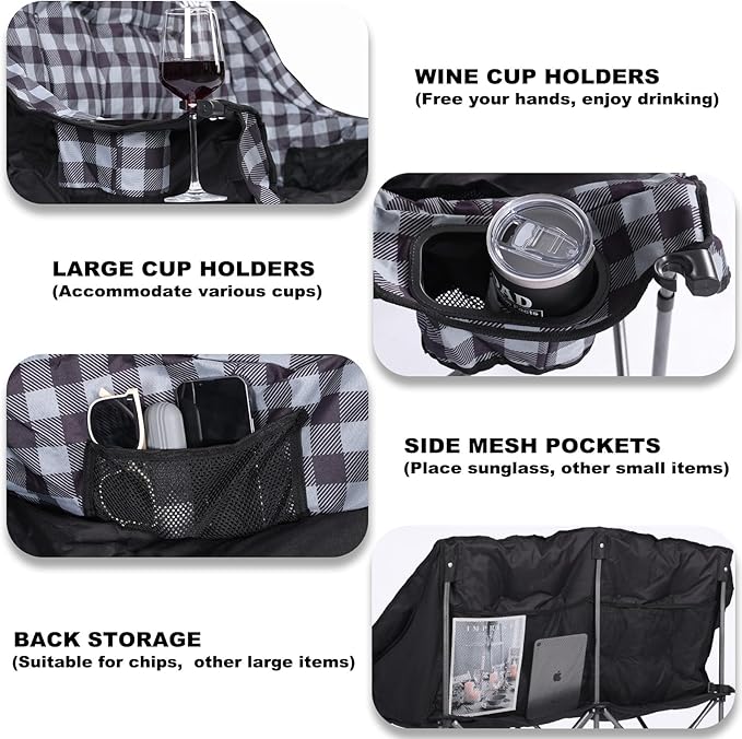 Padded Double Camping Chair Folding Loveseat 2 Person Camp Chair Heavy Duty Lawn Chairs Camping Couch Outdoor Sofa