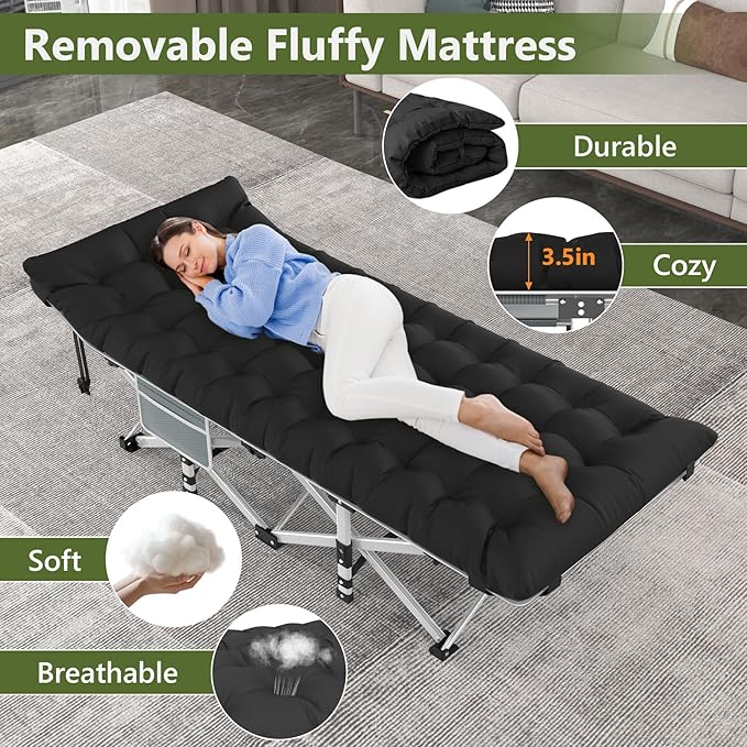 Slendor Folding Camping Cot Black, Sleeping Cot for Adults with Carry Bag, Mattress, 1200D Layer Oxford Portable Camp Bed Cot Bed for Guest Travel Office Beach