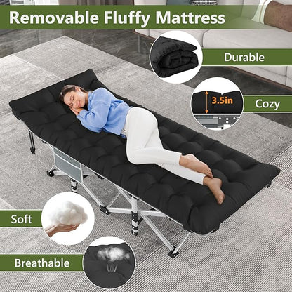 Slendor Folding Camping Cot Black, Sleeping Cot for Adults with Carry Bag, Mattress, 1200D Layer Oxford Portable Camp Bed Cot Bed for Guest Travel Office Beach