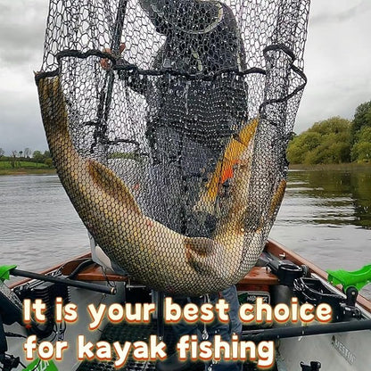 Folding Kayak Fishing Net with Aluminum Alloy Frame Rubber-Coated Nylon Net for Small Fishing Net Fishing Landing Net for Non-Slip Gloves Storage Bag