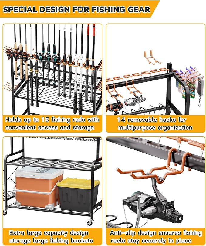 Fishing Rod Holder with 15-Pole Rack 3-Tier Fishing Cart for Fishing Accessories and Gear Storage, Perfect Fishing Pole Holders for Garage, Home or Shed, Ideal Fishing Gift for Men and savior