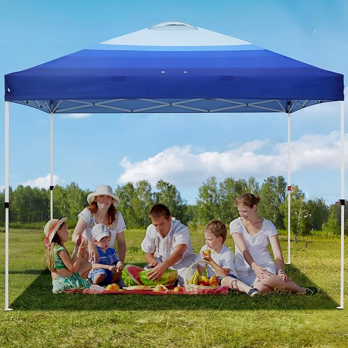 EAGLE PEAK Pop Up Canopy Tent with Wheeled Carry Bag, 8 Stakes, 4 Ropes, 4 Weight Bags, Easy Set Up Tent Canopy, 10x10 ft, 100sqft of Shade, Blue Fade Stripe