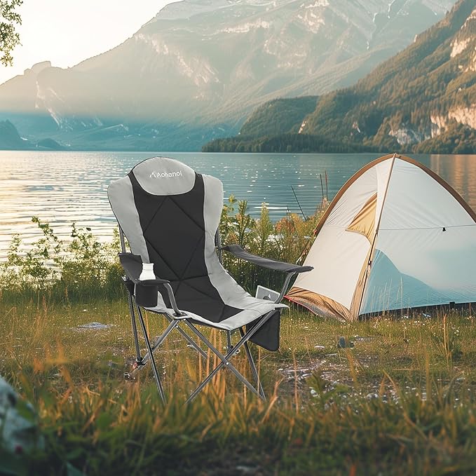 Camping Chairs, Portable Camp Chairs for Heavy People with Adjustable Angled Backrest, Outdoor Folding Camping Chairs for Outside Supports up to 350lbs, Carry Bag Included
