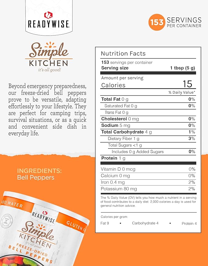 Simple Kitchen Dehydrated Red & Green Bell Peppers – 153 Servings for Family Meal Prep, Survival Canned Food, Gluten Free & Freeze Dried Bell Peppers for Camping Meals, Backpacking & Hiking, #10 Can