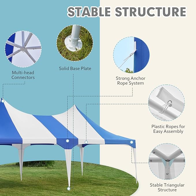 EROMMY 13x26ft Party Tent, Heavy Duty Double Peaked Canopy with Pole-Less Event Space, 60 Person Capacity Wedding Tent for Party & Event, White & Blue