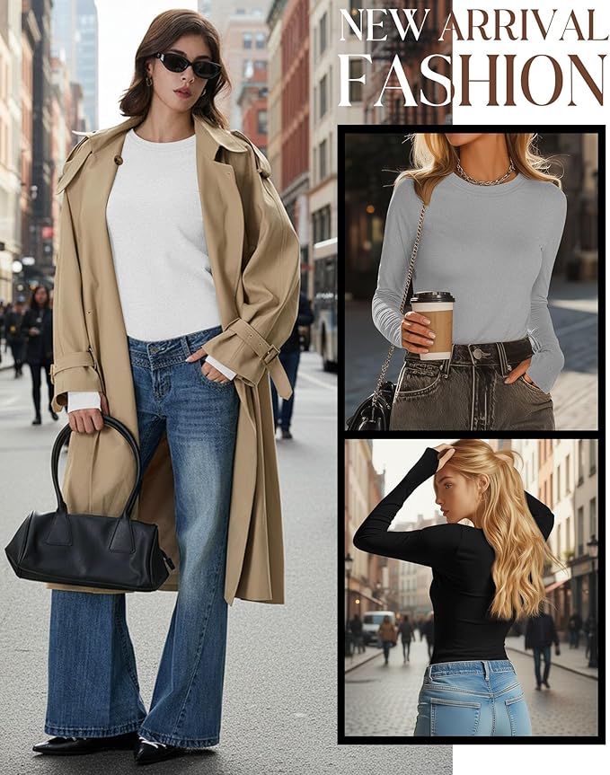 Neer 4 Pack Women's Fleece Thermal Long Sleeve Shirts, Thumb Holes Crew Neck Slim Fit Tops Warm Workout Basic Undershirt