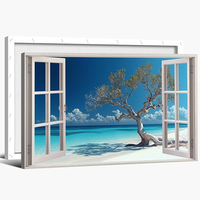 ANRUOXI Beach Picture Wall Art for Living Room, Blue Ocean Painting Decor for Bedroom, White Window Frame Style Palm Trees Canvas Wall Decor, Coastal Landscape Artwork for Offices Bedroom 12x18 Inch