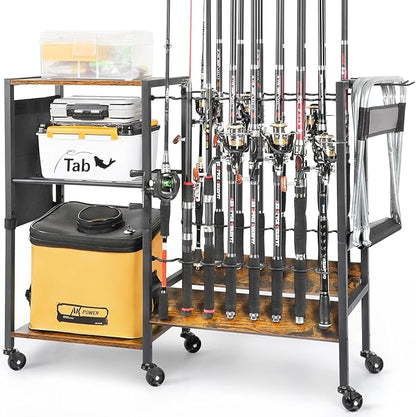 Olakee Fishing Rod Holder, Fishing Pole Holders for Garage Boat Home Entryway Fishing Gear Storage with Tackle Cart Ideal Gift for Men Dad Anglers Corner Design for Rods and Equipment Organizers