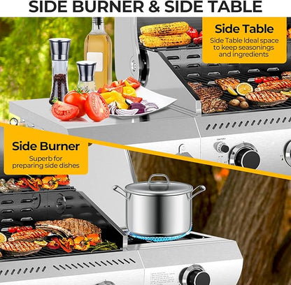 3-Burner Propane Gas Grill with Side Burner – 34,000 BTU Stainless Steel Outdoor BBQ Grill, Cast Iron Grates, Portable with Wheels for Patio, Camping