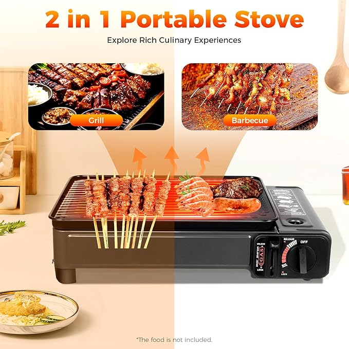 Portable Butane Stove -2 in 1 Compact Gas Grill Stove with Detachable Grate + Carry Case | Dual Fuel Tabletop BBQ for Camping, Korean BBQ, Tailgating | Fast Stainless Steel Outdoor Cooker
