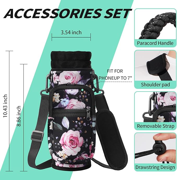 32/40/64/87/128 oz Water Bottle Carrier Bag, Neoprene Water Bottle Sleeve with 4 Pocket, Sport Water Holder with Paracord Handle and Shoulder Strap for Walking Hiking Camping Gym