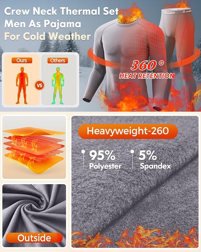 CL convallaria Thermal Underwear for Men Long Johns Fleece Lined Hunting Gear Set Base Layer for Cold Weather XS-4XL