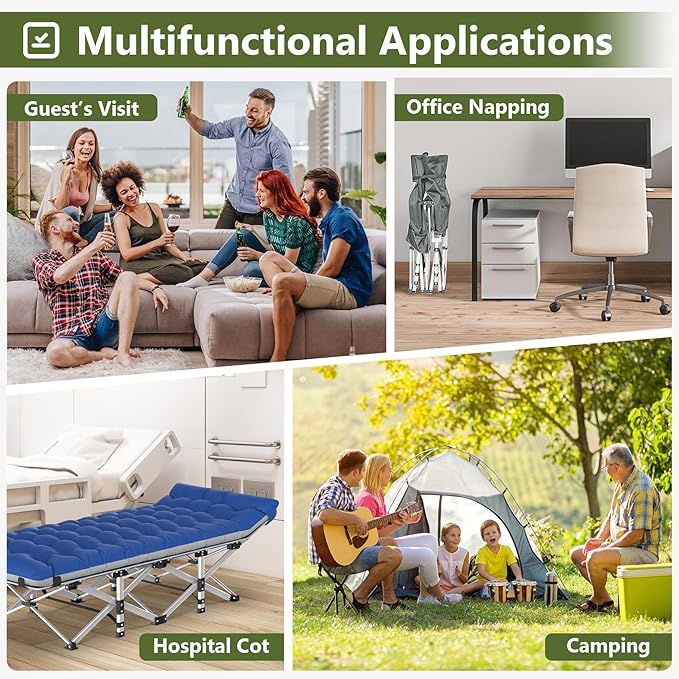 Slendor Folding Camping Cot with Mattress for Adults,74”L x 28”W x 15”H, Portable Sleeping Cot Bed for Tent, Office, Camping, Outdoor, Striated Gray Cot,Gray+Blue Pad,500lbs Load