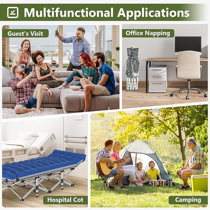 Slendor Folding Camping Cot with Mattress for Adults,74”L x 28”W x 15”H, Portable Sleeping Cot Bed for Tent, Office, Camping, Outdoor, Striated Gray Cot,Gray+Blue Pad,500lbs Load