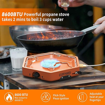 1-Burner Propane Stove Portable Camping Stove with Carry Strap, Backpacking Camp Stove for Outdoor Cooking, Flick-Style Ignition, Temperature Control, 8600 BTUs of Power for Camping BBQ& More