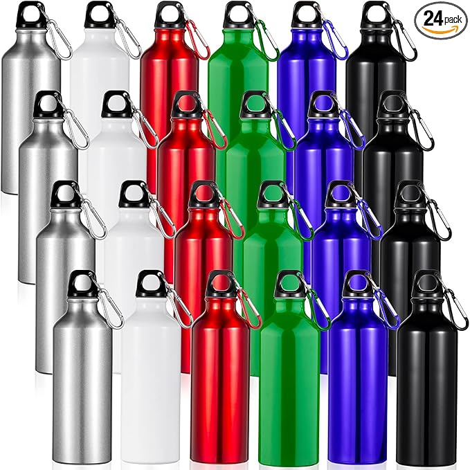 24 Pcs Aluminum Water Bottle 17oz Aluminum Reusable Bottles with Clips Sports Lightweight Water Multipack Easy Carry Leakproof Travel for Gym Hiking Cycling Sports Outdoor(Bright Color)
