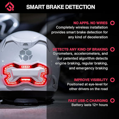 Brake Free Helmet Light - Smart Wireless Motorcycle Lights- Weatherproof LED Motorcycle Helmet Light - Lightweight & Aerodynamic Design - Smart Brake Detection - Single Button Operation - White