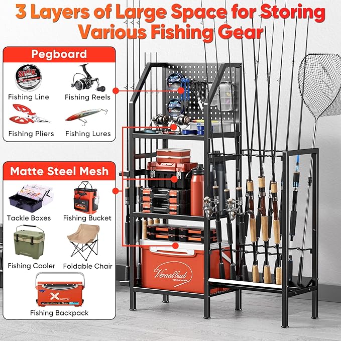 Fishing Rod Holders for Garage,Fishing Rod Rack Storage up to 18 Rods,3 Tier Adjust Heavy Duty Metal Fish Pole Stand Organizer with Pegboard for Fishing Gear and Equipment Accessories