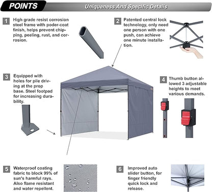 ABCCANOPY Easy Pop up Canopy Tent with 2 Sidewalls for Outdoor Sun Blocking or Rain Protection,8X8, Gray