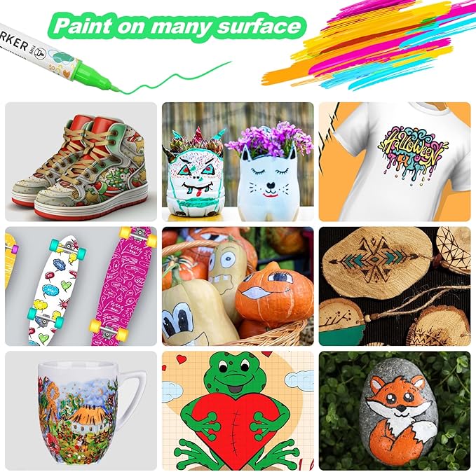 48 Colors Acrylic Paint Pens, Dual Tip Acrylic Paint Markers for Paper, Wood, Canvas, Stone, Rock Painting, Glass, Fabric, DIY, Ceramic, Art Supplies for Kids and Adults Drawing (Dot + Fine)