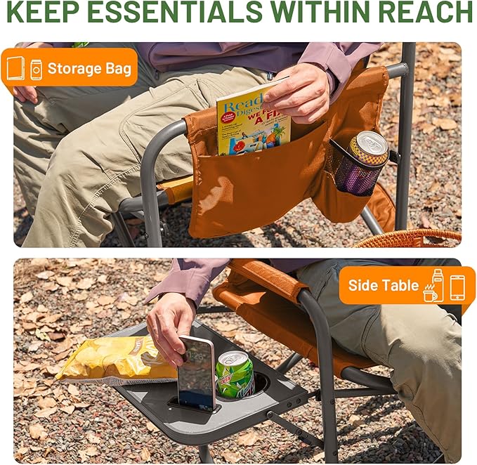 TIMBER RIDGE XXL Director’s Chair – Heavy Duty Folding Chair with Side Table, 500 lb Capacity, Extra Wide Padded Seat for Camping, Sports, Beach, Patio, and Outdoor Use, Orange-2 Pack