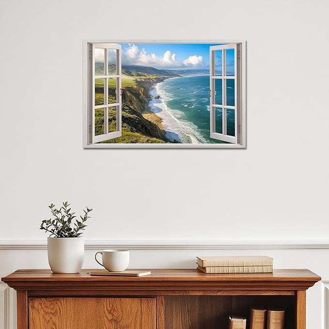 ANRUOXI Beach Window Canvas Wall Art, Enclosed Bedroom Living Room Ocean Coastal Channel Scene Picture, Tropical Sea Landscape Painting Print Artwork Horizontal Seascape Artwork for Bedroom 12x18 Inch