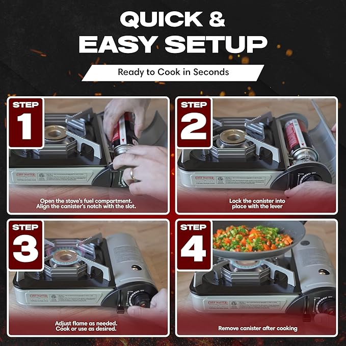 Chef Master 4x 8oz Butane Fuel Canister - Butane Refill for Kitchen Torch & Camp Stove - Gas Canister for Picnics, Outdoor Cooking, Grilling - Camping Stove, Torch Fuel Camping Essentials - 90340