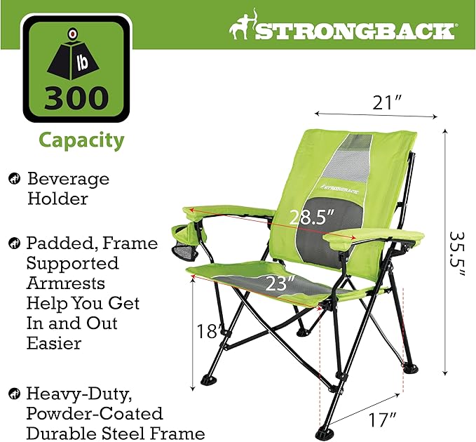 STRONGBACK Elite Folding Camping Lawn Lounge Chair Heavy Duty Camp Outdoor Seat with Lumbar Support and Portable Carry Bag - Lime/Grey