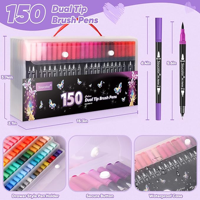 Soucolor Gifts for Women, Gift Baskets for Women Adult, 150 Colors Dual Tip Brush Markers for DIY Journal Kit Coloring Drawing Sketching, Sister Gifts Sets Box for Kids Teens Girls Gift