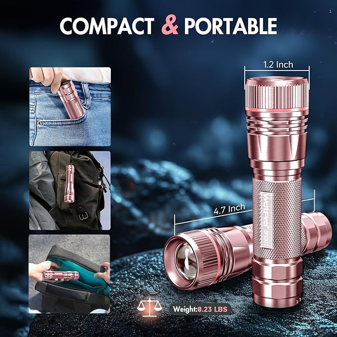 WdtPro Rechargeable Flashlights High Lumens, 1 Pack 10H Long Lasting Super Bright EDC Flashlights, LED Mini Tactical Flash Lights for Camping Emergency, Drop & Water Resistant Pink(Battery Included)