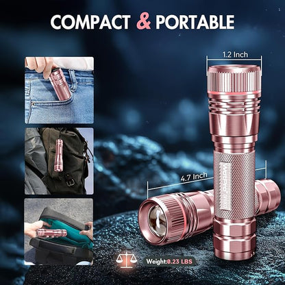 WdtPro Rechargeable Flashlights High Lumens, 1 Pack 10H Long Lasting Super Bright EDC Flashlights, LED Mini Tactical Flash Lights for Camping Emergency, Drop & Water Resistant Pink(Battery Included)