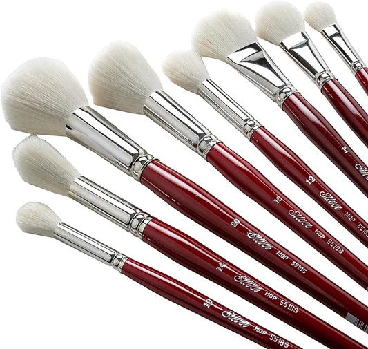 Silver Brush Limited MP-5663S Silver Mops Short Handle Round and Oval White Mops Brushes with Super-Soft Organic Hair, 8pc Professional Painting Set for Oil, Acrylic, Watercolor, Pastels, & Charcoal