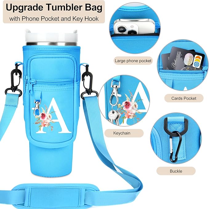Initial Water Bottle Holder with Strap for Stanley 40 oz Tumbler/Simple Modern 40 oz Tumbler,Water Bottle Carrier Bag with Strap,Personalized A-Z Phone Pocket for Stanley Cup Accessories