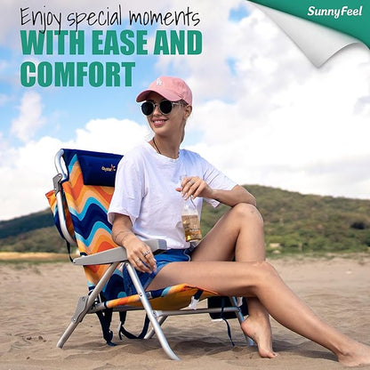 SUNNYFEEL High Back Folding Beach Chair, Tall Beach Chair with 3 Reclining Position, Portable Camping Chair for Adults, Wood Armrest, Lightweight Camping Chair 300 lbs Heavy Duty, Green