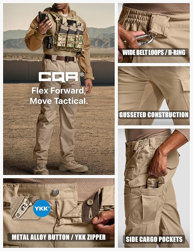 CQR Men's Flex Stretch Tactical Pants, Water Resistant Ripstop Cargo Pants, Lightweight EDC Outdoor Work Hiking Pants