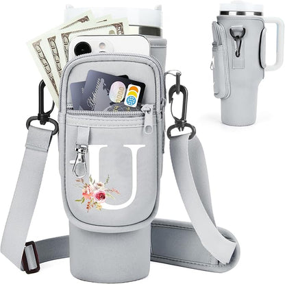 Initial Water Bottle Holder with Strap for Stanley 40 oz Tumbler/Simple Modern 40 oz Tumbler,Water Bottle Carrier Bag with Strap,Personalized A-Z Phone Pocket for Stanley Cup Accessories