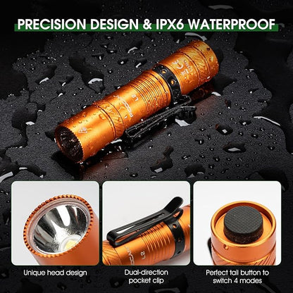 Rechargeable Flashlights 1200 Lumens EDC Flashlight, AA Pocket Flashlight High Lumens with Clip, Super Bright Small Flashlights, 4 Modes Flash Light for Camping, Home, and Emergencies (Orange)