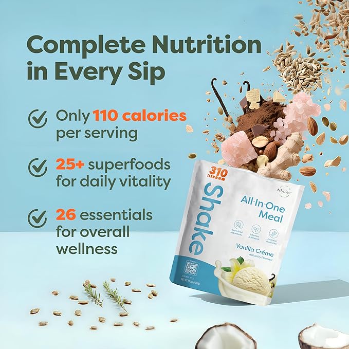 310 Nutrition All-In-One Meal Replacement Shake Powder - Plant-Based Protein Smoothie Blend w/High Fiber, Probiotics & Adaptogens - Low Carb, Vegan, Keto & Paleo Friendly - Vanilla Creme - 14 Srv