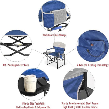 SUNNYFEEL Heated Camping Directors Chair, Portable Folding Lawn Chairs for Adults Heavy Duty with Side Table,Pocket for Beach, Fishing,Picnic,Concert Outdoor, Foldable Camp Chairs