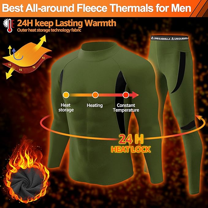 UNIQUEBELLA Men's Thermal Underwear Sets Top & Long Johns Fleece Sweat Quick Drying Thermo Base Layer