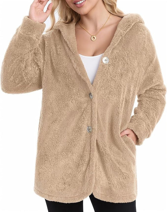 MANGOPOP Womens Fleece Jacket 2025 Winter Oversized Fuzzy Hooded Coat Button Cardigan Sherpa Sweaters Outerwear with Pockets
