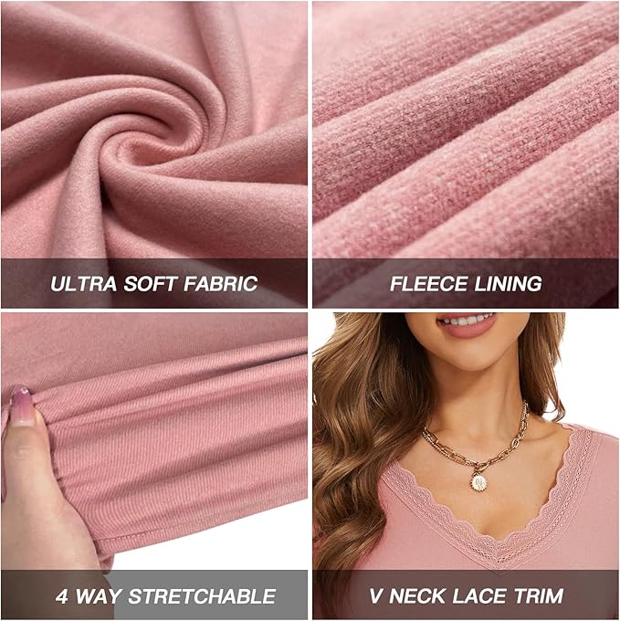 WOWENY Women Thermal Long Sleeve Shirt Fleece Lined Basic Fitted Tops Lace V Neck Undershirts Winter Tight Base Layer