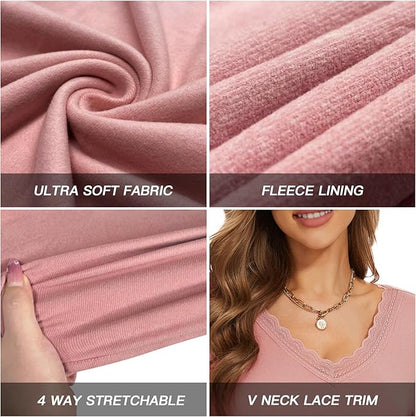 WOWENY Women Thermal Long Sleeve Shirt Fleece Lined Basic Fitted Tops Lace V Neck Undershirts Winter Tight Base Layer